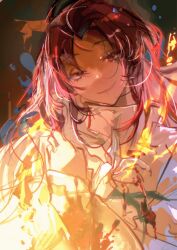Rule 34 | 1boy, blood, blood on clothes, chinese commentary, chinsa, commentary request, fire, hatsutori hajime, head tilt, highres, long hair, long sleeves, looking at viewer, male focus, parted bangs, pink hair, red eyes, saibou shinkyoku, shirt, sketch, smile, solo, upper body, white shirt
