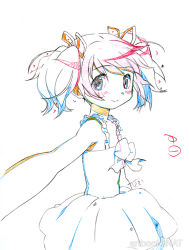 Rule 34 | 10s, 1girl, blush, color trace, dress, female focus, hair ribbon, kaname madoka, mahou shoujo madoka magica, mahou shoujo madoka magica (anime), official art, outstretched arm, partially colored, ribbon, short hair, short twintails, smile, solo, twintails, white background