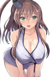Rule 34 | 1girl, bikini, breasts, brown hair, gin&#039;ichi (akacia), green eyes, hair between eyes, kantai collection, large breasts, leaning forward, looking at viewer, one-hour drawing challenge, ponytail, saratoga (kancolle), side ponytail, sidelocks, simple background, smokestack, smokestack hair ornament, solo, striped bikini, striped clothes, swimsuit, white background, white bikini