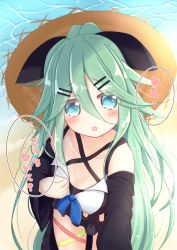 Rule 34 | 1girl, alternate costume, beach, bikini, black bikini, black robe, blue eyes, blush, breasts, cleavage, commentary request, day, embarrassed, frilled bikini, frills, green hair, groin, hair between eyes, hair ornament, hairclip, hat, head tilt, highres, kantai collection, long hair, looking at viewer, ocean, open mouth, outdoors, ridy (ri sui), robe, smile, solo, straw hat, swimsuit, translation request, very long hair, yamakaze (kancolle)