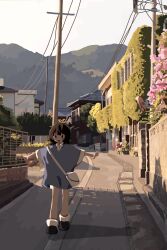 1girl absurdres bag balancing black_footwear black_hair blue_shirt building flower highres kyora_san looking_down medium_hair open_mouth original outdoors outstretched_arms plant power_lines road scenery shadow shirt shoes shoulder_bag solo spread_arms street vines walking white_bag