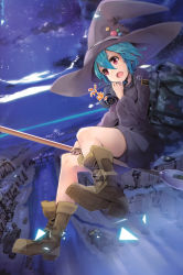 Rule 34 | 1girl, absurdres, blue hair, boots, broom, broom riding, cloud, gas mask, hat, highres, mask, night, night sky, open mouth, original, pink eyes, rebreather, respirator, scan, short hair, sitting, sky, solo, translation request, witch, witch hat, yuugen