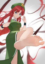Rule 34 | 1girl, absurdres, barefoot, beret, black wristband, blue eyes, braid, dress, green dress, green hat, hat, hat ornament, high kick, highres, hong meiling, kicking, long hair, looking at viewer, palulap, red hair, side braid, solo, star (symbol), star hat ornament, touhou