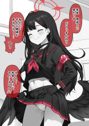 Rule 34 | 1girl, armband, black hair, black sailor collar, black serafuku, black skirt, black wings, blue archive, closed eyes, closed mouth, commentary request, cowboy shot, greyscale, hair ornament, hairclip, halo, highres, ichika (blue archive), kouji (campus life), long hair, long sleeves, monochrome, neckerchief, panties, pleated skirt, red armband, red halo, red neckerchief, revision, sailor collar, school uniform, serafuku, skirt, solo, speech bubble, spot color, translation request, underwear, white panties, wings