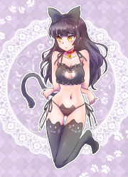 Rule 34 | 1girl, absurdres, black hair, black panties, blake belladonna, bow, cat cutout, cat lingerie, cat tail, cleavage cutout, clothing cutout, hair bow, highres, iesupa, long hair, meme attire, navel, neck bell, panties, rwby, side-tie panties, solo, tail, thighhighs, underwear, underwear only, yellow eyes