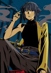 Rule 34 | 1girl, absurdres, alternate costume, arm at side, belt, black hair, bleach, bleach: sennen kessen-hen, blue background, blue belt, blunt bangs, brown eyes, brown pants, casual, cigarette, clip studio paint (medium), collarbone, commentary, contemporary, cowboy shot, eyelashes, eyes visible through hair, hand up, highres, holding, holding cigarette, jacket, katana, knee up, long sleeves, looking at viewer, nose, open clothes, open jacket, pants, parted lips, short hair, simple background, single bare shoulder, smoke, smoking, solo, sui-feng, sword, tsurime, weapon, yellow jacket, yshjsw