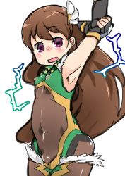 Rule 34 | 1boy, androgynous, artist request, bare shoulders, blush, bodysuit, brown hair, bulge, covered navel, electricity, gloves, highres, leotard, long hair, looking to the side, pink eyes, shiny clothes, skin tight, smile, solo, stretching, taimanin (series), taimanin rpgx, trap, uehara shikanosuke, very long hair, wide hips