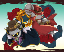 Rule 34 | 2boys, animal ears, armor, ascot, brown headwear, cape, claws, colored sclera, commentary request, daroach, flower, gears, gloves, hat feather, highres, kirby (series), male focus, mask, meta knight, mouse ears, multiple boys, nintendo, pauldrons, red eyes, red headwear, rose, rune (ruupokesmash54), shoulder armor, signature, star (symbol), white gloves, yellow eyes, yellow sclera