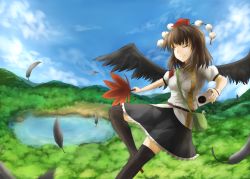 Rule 34 | 1girl, ;), bag, belt, bird wings, black hair, black thighhighs, blue sky, camera, cloud, day, feather fan, feathers, fen zuo, flying, forest, geta, hat, lake, looking to the side, nature, one eye closed, outdoors, outstretched arm, over-kneehighs, puffy short sleeves, puffy sleeves, satchel, shameimaru aya, short hair, short sleeves, skirt, sky, smile, solo, tengu-geta, thighhighs, tokin hat, touhou, wings