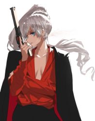 Rule 34 | 1girl, blouse, blue eyes, breasts, breasts apart, cigarette, cleavage, cowboy shot, dishwasher1910, earrings, english text, eyes visible through hair, gun, handgun, jacket, jacket on shoulders, jewelry, mafia, no bra, red shirt, revolver, rwby, scar, scar across eye, scar on face, shirt, simple background, smoking, weapon, weiss schnee, white background, white hair
