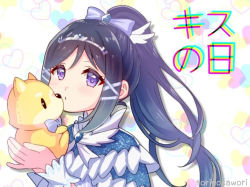 Rule 34 | 1girl, aqua bow, artist name, artist request, blue hair, blush, bow, check translation, commentary request, detached collar, female focus, floating hair, hair between eyes, hair bow, hair ornament, hairclip, high ponytail, holding, holding stuffed animal, long hair, looking at viewer, love live!, love live! school idol festival, love live! sunshine!!, matsuura kanan, parted lips, ponytail, purple eyes, smile, solo, striped, striped bow, stuffed animal, stuffed toy, tiara, translated, translation request, wavy hair, white background, white detached collar, white wrist cuffs, wing collar, wing hair ornament, wrist cuffs, x hair ornament