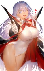 Rule 34 | 1girl, ;d, bb (fate), bb (fate) (all), bb (swimsuit mooncancer) (fate), bb (swimsuit mooncancer) (third ascension) (fate), black coat, breasts, coat, contrapposto, cowboy shot, fate/grand order, fate (series), gloves, heart, highres, horz, large breasts, leotard, light purple hair, long hair, looking at viewer, one eye closed, open mouth, pointing, popped collar, purple eyes, simple background, smile, solo, thighs, white background, white gloves, white leotard