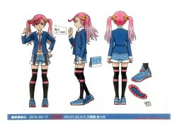 Rule 34 | 1girl, 2016, absurdres, ahoge, character sheet, dated, digimon, digimon universe: appli monsters, female focus, highres, karan eri, multiple views, navel, necktie, official art, pink hair, scan, shoes, smile, standing, thighhighs, twintails