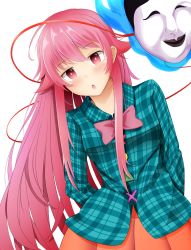 Rule 34 | 1girl, arms behind back, blush, bow, collared shirt, hata no kokoro, highres, leaning to the side, long hair, mask, open mouth, pink bow, pink eyes, pink hair, plaid, plaid shirt, shirt, touhou, unlock-creed, very long hair, white background, wing collar