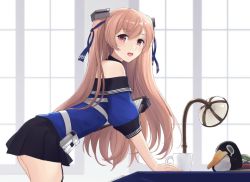 Rule 34 | 1girl, bare shoulders, brown hair, coffee mug, cup, dress, failure penguin, from side, garter straps, johnston (kancolle), kantai collection, looking at viewer, medium hair, mug, odachu, open mouth, purple eyes, smile, solo, two side up