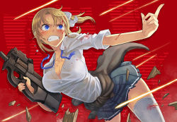 Rule 34 | 1girl, blonde girl (itou), blonde hair, blood, blood on face, blood stain, blue eyes, blush, breasts, bruise, bullpup, cleavage, clenched teeth, clothes around waist, fingernails, gun, hair ribbon, holding, holding gun, holding weapon, horizontal magazine, injury, itou (onsoku tassha), long hair, machine gun, middle finger, original, p90, personal defense weapon, ponytail, ribbon, school uniform, see-through, shirt, skirt, solo, submachine gun, sweater, sweater around waist, taut clothes, taut shirt, tears, teeth, thighhighs, torn clothes, translucent, trigger discipline, weapon, white thighhighs