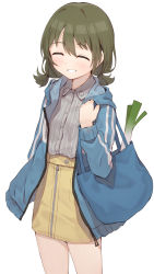 Rule 34 | 1girl, bag, blue jacket, closed eyes, commentary request, cowboy shot, dress shirt, facing viewer, green hair, grey shirt, hair between eyes, highres, hood, hooded jacket, idolmaster, idolmaster shiny colors, jacket, long sleeves, medium hair, nanakusa nichika, open clothes, open jacket, parted lips, shirt, shone, short twintails, simple background, skirt, smile, solo, spring onion, striped clothes, striped shirt, twintails, vertical-striped clothes, vertical-striped shirt, white background, yellow skirt