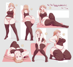 Rule 34 | 1girl, arm support, ass, black tank top, black thighhighs, blonde hair, blunt bangs, blush, braid, breasts, breasts apart, cleavage, collarbone, covered erect nipples, curvy, dated, earrings, grey background, hand on own stomach, highres, huge ass, jewelry, kneeling, knees together feet apart, large breasts, leaning forward, long hair, looking at viewer, low-tied long hair, lying, multiple views, navel, no pants, nsio, on back, panties, plump, standing, stud earrings, tank top, taut clothes, thick arms, thick thighs, thighhighs, thighs, twin braids, twintails, underwear