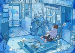 Rule 34 | 2boys, 2girls, blue theme, family, fish, flower, highres, husband and wife, indoors, mother and daughter, mother and son, mourning, multiple boys, multiple girls, nara lalana, original, portrait (object), siblings, surreal, swimming, underwater, water