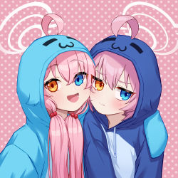 Rule 34 | 2girls, :3, absurdres, aged down, ahoge, arm around shoulder, blue archive, blue eyes, blue hoodie, fang, hair between eyes, halo, heterochromia, highres, hood, hoodie, hoshino (blue archive), hoshino (young) (blue archive), long hair, looking at viewer, looking away, low twintails, multiple girls, open mouth, pink hair, polka dot, polka dot background, sjuno, time paradox, twintails, yellow eyes