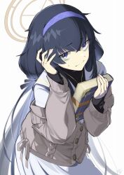 Rule 34 | 1girl, bags under eyes, black eyes, black hair, blue archive, blue headband, book, cardigan, grey cardigan, halo, headband, highres, holding, holding book, long hair, looking at viewer, marushi, shirt, skirt, solo, ui (blue archive), white background, white shirt, white skirt, yellow halo