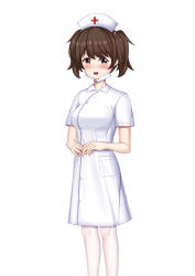 Rule 34 | 1girl, blush, breasts, brown hair, collared dress, dress, feet out of frame, hat, highres, lenxiao, looking at viewer, mask, mask pull, medium breasts, mouth mask, nose blush, nurse, nurse cap, open mouth, original, own hands together, pantyhose, red eyes, round teeth, short hair, short sleeves, simple background, solo, surgical mask, teeth, twintails, upper teeth only, white background, white dress, white hat, white pantyhose