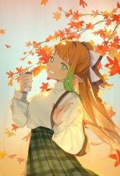 Rule 34 | 1girl, autumn leaves, bright pupils, cup, green hair, green skirt, hair behind ear, head tilt, highres, holding, holding cup, looking at viewer, mahou arms, multicolored hair, open hand, orange hair, plaid, plaid skirt, pointy ears, ponytail, second-party source, skirt, smile, solo, streaked hair, susan (mahou arms), sweater, sweater tucked in, white pupils, white sweater, xiaociiao