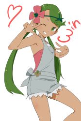 Rule 34 | 1girl, clenched teeth, creatures (company), dark-skinned female, dark skin, double v, flower, game freak, green eyes, green hair, green hairband, grey shorts, hair flower, hair ornament, hairband, long hair, looking at viewer, mallow (pokemon), ninchan, nintendo, one eye closed, pokemon, pokemon sm, shorts, simple background, smile, solo, teeth, twintails, v, white background