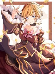 Rule 34 | 1girl, beatrice (umineko), black dress, blonde hair, blue eyes, border, breasts, bug, butterfly, cleavage, dress, hair ornament, highres, insect, large breasts, long sleeves, looking at viewer, orchid (orukido), ribbon, short hair, smile, solo, umineko no naku koro ni, white background, white border