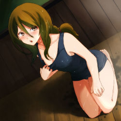 Rule 34 | 1girl, barefoot, breasts, brown eyes, brown hair, cleavage, downblouse, dutch angle, extra, k-on!, one-piece swimsuit, sakayama shinta, school swimsuit, seiza, sitting, solo, swimsuit, tachibana himeko, wet