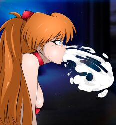 Rule 34 | absurdres, all fours, anal, armband, breasts, choker, cum, cum in mouth, cum in nose, highres, large breasts, long hair, neon genesis evangelion, open mouth, red armband, red choker, souryuu asuka langley, striped clothes, vomiting cum, zonen404