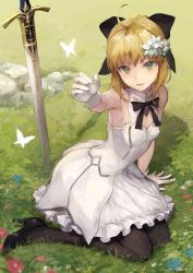 Rule 34 | 1girl, ahoge, arm support, artoria pendragon (all), artoria pendragon (fate), bare shoulders, black footwear, black pantyhose, black ribbon, blonde hair, bow, breasts, bug, butterfly, caliburn (fate), cleavage, day, detached collar, dress, fate/unlimited codes, fate (series), flower, full body, gloves, grass, green eyes, hair flower, hair ornament, hair ribbon, high heels, highres, insect, kouzuki kei, lily (flower), long hair, looking at viewer, open mouth, outdoors, outstretched arm, pantyhose, ponytail, ribbon, round teeth, saber lily, shoes, signature, sitting, small breasts, smile, solo, sword, teeth, tsurime, weapon, white dress, white gloves, yokozuwari