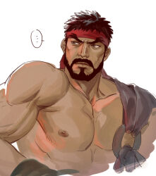 Rule 34 | ..., 1boy, abs, asian, bara, beard, capcom, cropped torso, facial hair, headband, large pectorals, looking to the side, male focus, muscular, muscular male, nipples, official alternate costume, pectorals, ryu (street fighter), short hair, solo, stomach, street fighter, street fighter 6, thick eyebrows, yuiofire