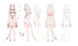 Rule 34 | 1girl, :3, ahoge, animal ears, animal hood, asymmetrical footwear, bare legs, camisole, cat ears, cat hood, cat slippers, cat tail, color guide, full body, highres, hood, hood down, hoodie, long sleeves, mafuyu (chibi21), manao-ke, manao misuzu, medium hair, mismatched footwear, multiple views, red eyes, short shorts, shorts, silver hair, simple background, sleeves past wrists, slippers, smile, strap slip, striped clothes, striped hoodie, tail, virtual youtuber, white background