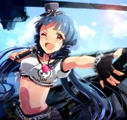 Rule 34 | 10s, 1girl, anaroguya, black gloves, blue hair, cloud, day, fingerless gloves, gloves, holding, holding microphone, idolmaster, idolmaster million live!, jewelry, kitakami reika, lens flare, long hair, looking at viewer, microphone, midriff, navel, necklace, one eye closed, open mouth, outstretched arm, outstretched hand, shirt, sky, solo, sun, tied shirt, yellow eyes