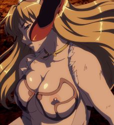 Rule 34 | blonde hair, blue eyes, breasts, elina (queen&#039;s blade), foot on head, highres, jewelry, large breasts, long hair, lying, necklace, nipples, nyx (queen&#039;s blade), queen&#039;s blade, stepped on