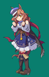 Rule 34 | 1girl, absurdres, animal ears, belt, blue hat, blue skirt, boots, breasts, brown footwear, brown hair, brown jacket, center frills, clenched hands, closed mouth, detached sleeves, frills, full body, green background, hair ornament, hairclip, hands up, hat, high heel boots, high heels, highres, horse ears, horse girl, horse tail, jacket, long hair, matikane tannhauser (umamusume), multicolored hair, pouch, shirt, simple background, skirt, sleeveless, sleeveless jacket, small breasts, smile, solo, standing, streaked hair, suzuhara kenji, tail, umamusume, white shirt, yellow eyes