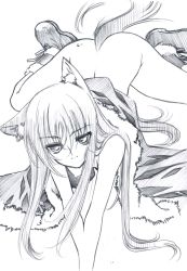 Rule 34 | animal ears, ass, boots, breasts, flat chest, highres, holo, long hair, monochrome, nipples, senomoto hisashi, solo, spice and wolf, tail, wolf ears, wolf tail