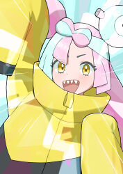Rule 34 | 1girl, :d, absurdres, arm up, blush, bow-shaped hair, character hair ornament, creatures (company), emphasis lines, game freak, green hair, hair ornament, happy, highres, iono (pokemon), jacket, looking at viewer, multicolored hair, nintendo, open mouth, pink hair, pokemon, pokemon sv, rumorumo0103, sleeves past fingers, sleeves past wrists, smile, solo, teeth, two-tone hair, upper body, upper teeth only, yellow eyes, yellow jacket