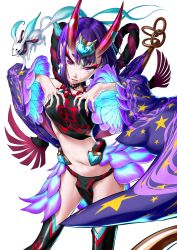 Rule 34 | 1girl, :p, absurdres, bare shoulders, blue fire, chinese clothes, claw pose, dedeen, detached sleeves, dudou, earrings, eyeshadow, fate/grand order, fate (series), fingernails, fire, forehead jewel, fox, headpiece, heart, highres, horns, jewelry, looking at viewer, makeup, nail polish, navel, oni, pelvic curtain, pointy ears, purple eyes, purple hair, purple nails, sharp fingernails, short hair, shuten douji (fate), shuten douji (fate/grand order), shuten douji (halloween caster) (fate), skin-covered horns, smile, solo, spirit, thighhighs, tongue, tongue out, wind