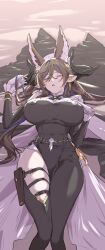 Rule 34 | 1girl, animal ears, breasts, brown hair, closed eyes, clothing cutout, earrings, extra ears, galleon (granblue fantasy), gloves, granblue fantasy, highres, horns, huge breasts, jewelry, long hair, lying, mogi yasunobu, on back, pointy ears, pouch, thigh cutout, thigh pouch, white gloves