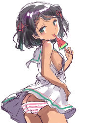 Rule 34 | ass, black eyes, black hair, butt crack, commentary request, cowboy shot, dress, food, fuji (pixiv24804665), highres, kantai collection, looking at viewer, low-cut armhole, mole, mole under eye, panties, popsicle, red ribbon, ribbon, sailor collar, sailor dress, scirocco (kancolle), short hair, simple background, sleeveless, sleeveless dress, solo, striped clothes, striped panties, tan, tongue, tongue out, two side up, underwear, watermelon bar, white background, white dress, white sailor collar