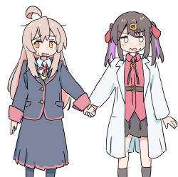 Rule 34 | 2girls, ahoge, averting eyes, belt, black hair, black jacket, black pantyhose, black skirt, black socks, bolo tie, coat, colored inner hair, commentary, feet out of frame, grey hair, hair ornament, hairclip, holding hands, jacket, jitome, lab coat, long hair, long skirt, long sleeves, multicolored hair, multiple girls, onii-chan wa oshimai!, open clothes, open coat, open mouth, orange eyes, oyama mahiro, oyama mihari, pantyhose, pink hair, purple hair, red shirt, school uniform, shirt, siblings, simple background, sisters, skirt, socks, sweatdrop, tetesudeesu, twintails, two-tone hair, untucked shirt, wavy mouth, white background, wing collar