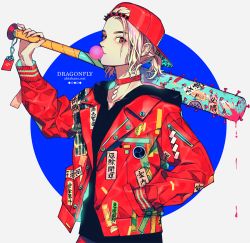 Rule 34 | 1girl, akiakane, backwards hat, baseball bat, baseball cap, black shirt, blonde hair, blood, blood splatter, blowing bubbles, choker, closed mouth, commentary, hand up, hat, holding, holding weapon, jacket, jewelry, long sleeves, looking at viewer, nail, nail bat, necklace, open clothes, open jacket, original, over shoulder, ponytail, red choker, red eyes, red jacket, shirt, solo, spikes, standing, upper body, watermark, weapon, weapon over shoulder, web address