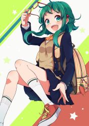 Rule 34 | 1girl, ahoge, backpack, bag, bespectacled, blazer, blue skirt, blush, bow, bowtie, braid, buckle, carrot, collared shirt, gem, glasses, green eyes, green hair, gumi, hair ornament, hairpin, highres, jacket, jewelry, kneehighs, long sleeves, looking at viewer, matching hair/eyes, multicolored background, nou (nounknown), open clothes, open jacket, open mouth, orange bow, orange bowtie, red-framed eyewear, red gemstone, removing eyewear, ribbon, school bag, school uniform, shirt, shoelaces, shoes, short hair, short hair with long locks, sidelocks, simple background, single braid, skirt, sneakers, socks, solo, striped, striped backpack, sweater vest, tareme, thighs, vocaloid, white shirt, white socks, yellow ribbon