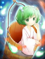 Rule 34 | 1girl, bad id, bad pixiv id, blue background, bucket, ellipsis (mitei), expressionless, green eyes, green hair, hair bobbles, hair ornament, hand on own cheek, hand on own face, highres, in bucket, in container, japanese clothes, kimono, kisume, light particles, long sleeves, looking at viewer, matching hair/eyes, short hair, solo, touhou, twintails, wide sleeves