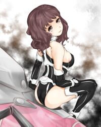 Rule 34 | 1girl, ass, bare shoulders, black gloves, black leotard, black thighhighs, breasts, brown eyes, brown hair, commentary request, detached sleeves, feet out of frame, five over (toaru), from behind, gloves, grey background, head tilt, highres, leotard, light blush, light smile, long hair, looking at viewer, medium breasts, mitsuari ayu, parted lips, robot, science fiction, shin (highest1192), sitting, solo, thighhighs, toaru majutsu no index, toaru majutsu no index: new testament, wavy hair
