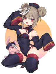 Rule 34 | 1girl, absurdres, arm up, bare shoulders, blue hat, blue thighhighs, breasts, cameltoe, chinese clothes, circle, cleavage, covered navel, detached collar, detached sleeves, double bun, fang, full body, hair bun, hat, highres, jiangshi, kneeling, light brown hair, long hair, looking at viewer, mamong, natori sana, ofuda, open mouth, qingdai guanmao, red eyes, red footwear, ribbon-trimmed sleeves, ribbon trim, sana channel, shoes, sleeves past fingers, sleeves past wrists, small breasts, solo, squatting, stuffed animal, stuffed rabbit, stuffed toy, tassel, thighhighs, virtual youtuber, white background