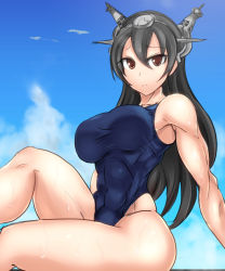 Rule 34 | 10s, 1girl, abs, black hair, brown eyes, competition swimsuit, hairband, headgear, kantai collection, koucha indian, long hair, muscular, nagato (kancolle), one-piece swimsuit, personification, swimsuit