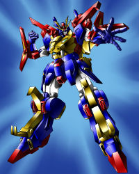 Rule 34 | 10s, blue background, clenched hand, fangs, full body, gundam, gundam build fighters, gundam build fighters try, gundam tryon 3, highres, looking at viewer, machinery, md5 mismatch, no humans, outstretched arm, resolution mismatch, simple background, source larger, spread fingers, yellow eyes, yu (artist)